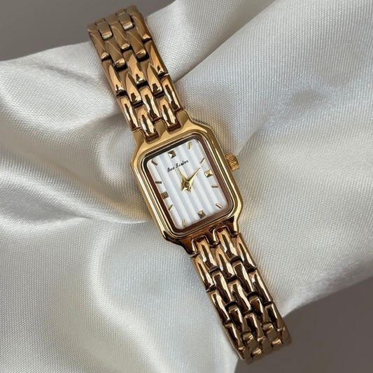 Refined Commute White Rectangular Dial Watch - Gold Stainless Steel Quartz Bracelet