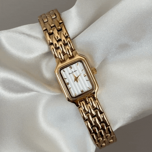 Refined Commute White Rectangular Dial Watch - Gold Stainless Steel Quartz Bracelet