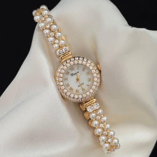 Luxury White Dial Watch - Crystal Gold Bezel & Pearl Inlay Bracelet