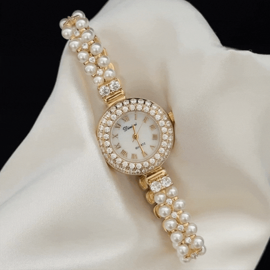 Luxury White Dial Watch - Crystal Gold Bezel & Pearl Inlay Bracelet