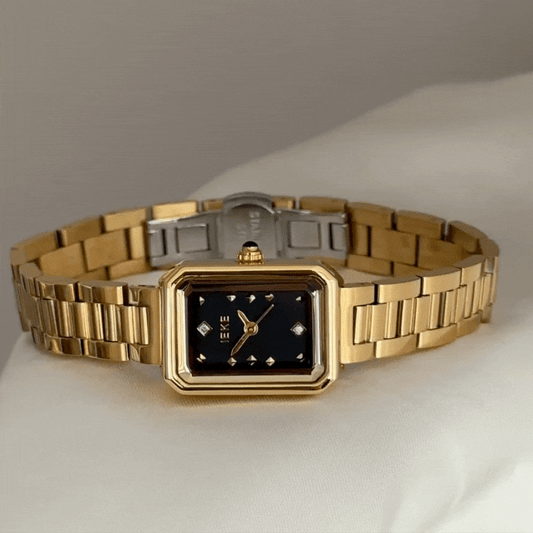 Urban Business Black Rectangle Dial Watch - Gold Alloy Quartz Bracelet
