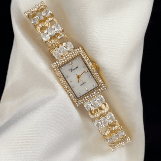 Luxury White Diamond Rectangle Watch - Gold Crystal Quartz