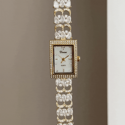 Luxury White Diamond Rectangle Watch - Gold Crystal Quartz