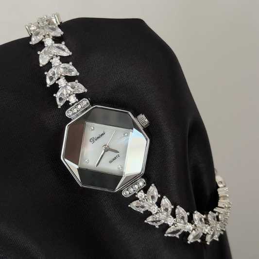 Ethereal Elegance White Diamond Dial Watch - Silver Mermaid Tail Crystal Bracezlet