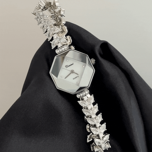 Ethereal Elegance White Diamond Dial Watch - Silver Mermaid Tail Crystal Bracezlet