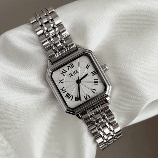 Refined Commute White Rectangular Dial Watch - Silver Alloy Quartz Bracelet