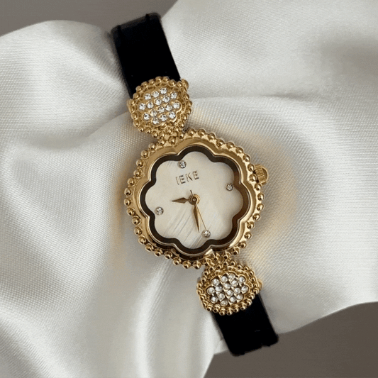 Feminine Elegance Golden Petal Dial Watch - Black Leather Strap Quartz Timepiece