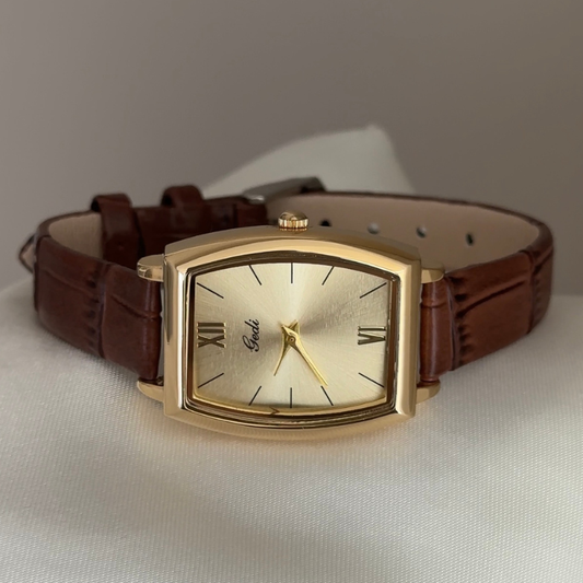 Vintage Classic Gold Tonneau Dial Watch – Brown Leather Strap Quartz