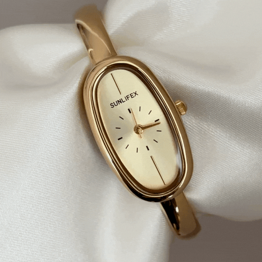 Modern Fashion Gold Long Oval Dial Watch - Alloy Bangle Quartz Bracelet