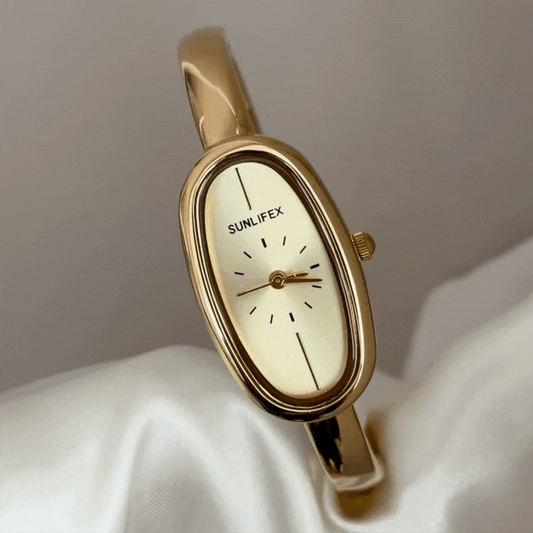 Modern Fashion Gold Long Oval Dial Watch - Alloy Bangle Quartz Bracelet