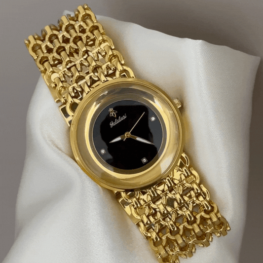 Classic Luxury Black Round Dial Watch – Gold Chain Bracelet Quartz