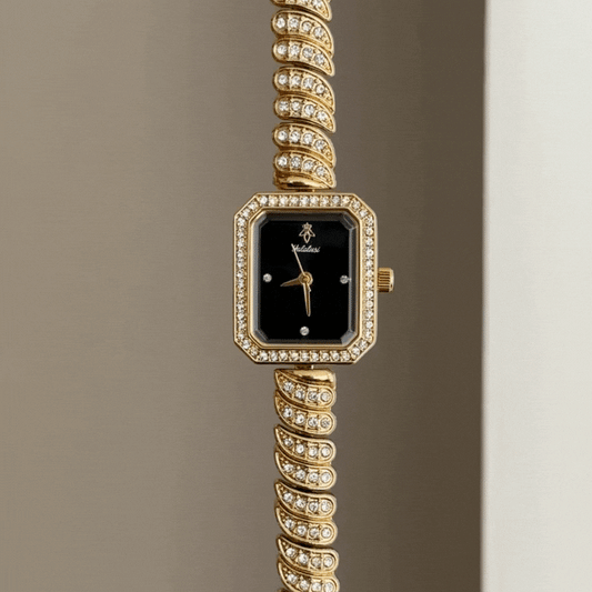 Geometric Fashion Black Rectangle Diamond Watch - Gold Crystal Alloy Quartz Bracelet