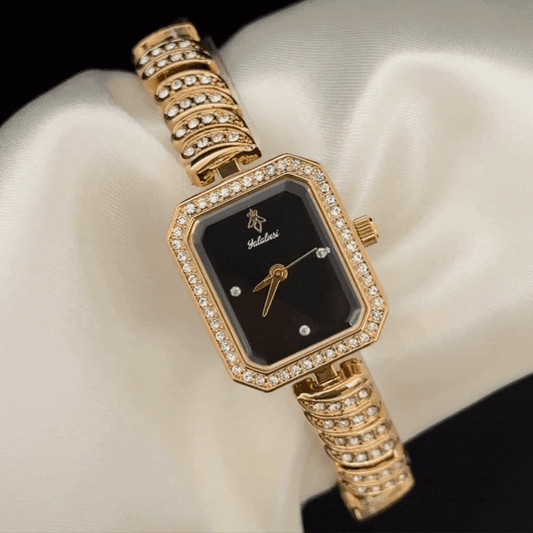 Geometric Fashion Black Rectangle Diamond Watch - Gold Crystal Alloy Quartz Bracelet