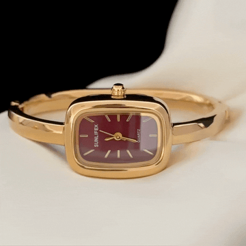 Modern Fashion Red Rectangle Dial Watch - Gold Alloy Bangle Quartz Bracelet