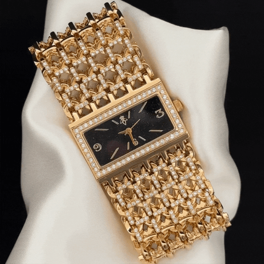 Modern Full Crystal Watch - Black Dial Gold Wide Bracelet Quartz