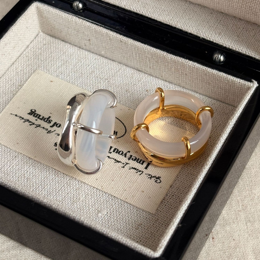 Icy White Chalcedony Double-Layer Ring – Statement Index Finger Ring