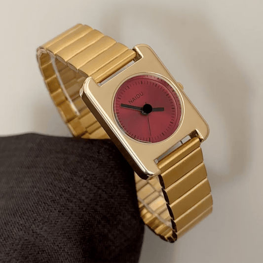 Sculptural Chic: Red Round Dial Watch with Gold Rectangular Bezel & Bamboo-Pattern Stainless Steel Bracelet