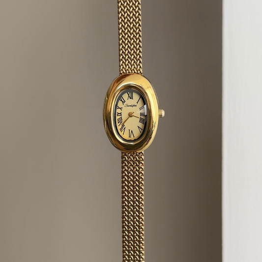 Luxe Texture Luminous: Gold Oval Dial Watch with Gold Wheat-Pattern Stainless Steel Bracelet