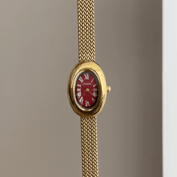 Graceful Style: Red Oval Dial Watch with Gold Wheat Pattern Stainless Steel Bracelet