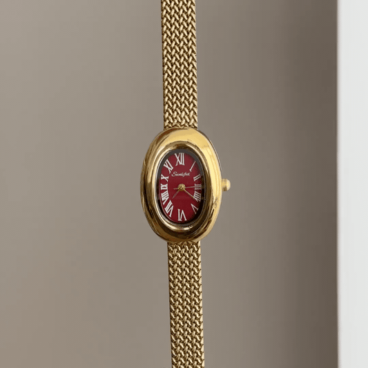 Graceful Style: Red Oval Dial Watch with Gold Wheat Pattern Stainless Steel Bracelet