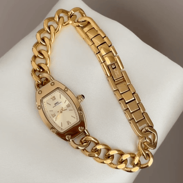 Vintage Curves: Gold Tonneau Dial Watch with Gold Stainless Steel Chain Bracelet