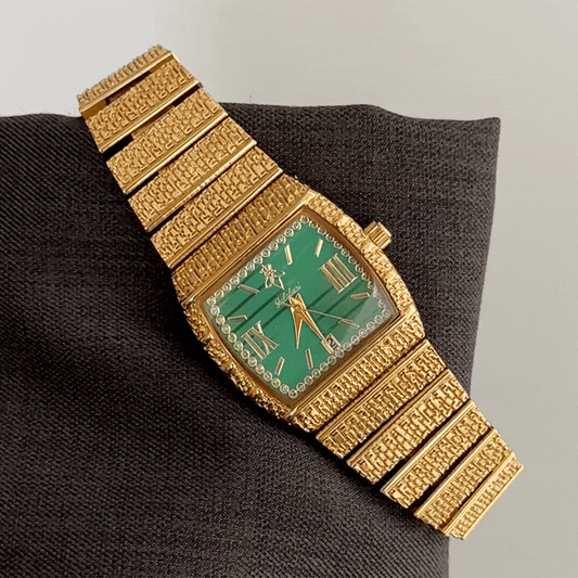 Modern Glamour: Green Rectangle Diamond Dial with Gold Bezel & Bracelet