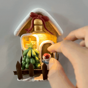 LED Christmas House Fridge Magnet – Glowing Holiday Decoration with Rotating Snowman and Christmas Tree