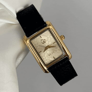 Business Casual Gold Rectangular Dial Black Genuine Leather Strap Quartz Watch