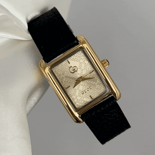 Business Casual Gold Rectangular Dial Black Genuine Leather Strap Quartz Watch