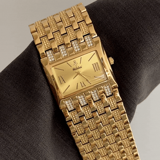 Modern Opulence: Gold Rectangle Dial with Wide Diamond-Set Bracelet