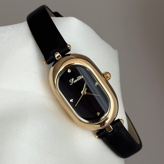 Sophisticated Contrast: Black Oval Dial with Gold Bezel & Black Leather Strap