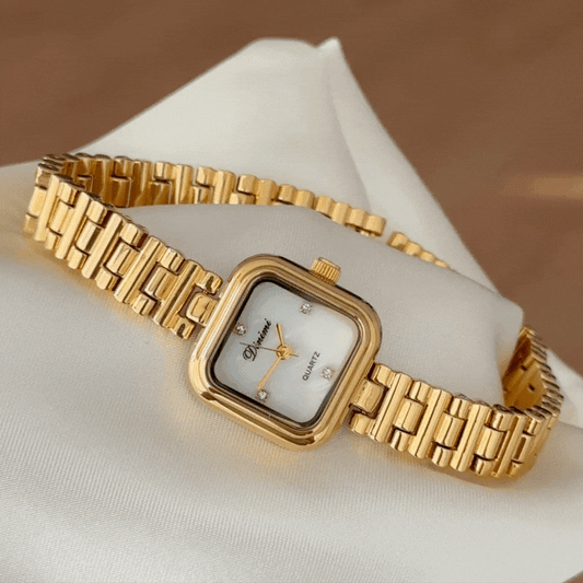 Timeless Elegance Gold Rectangular Dial Alloy Bracelet Quartz Watch