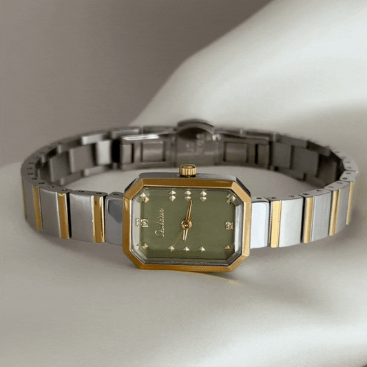 Modern Green Square Dial Gold Bezel Two-Tone Stainless Steel Bracelet Quartz Watch