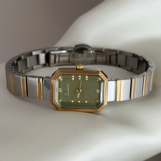 Modern Green Square Dial Gold Bezel Two-Tone Stainless Steel Bracelet Quartz Watch