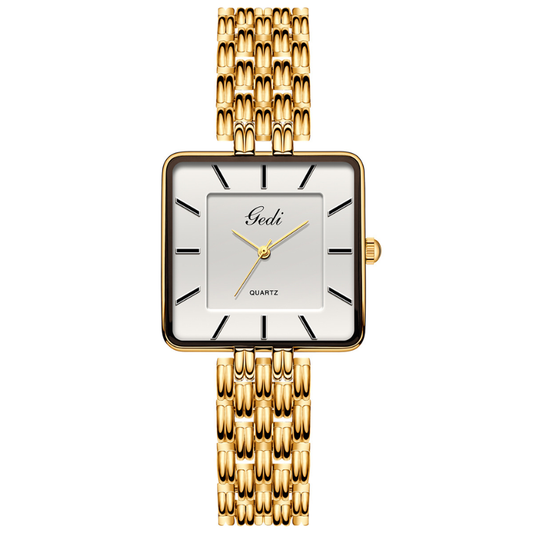 Business Casual White Square Dial Watch – Gold Wide Alloy Quartz Bracelet