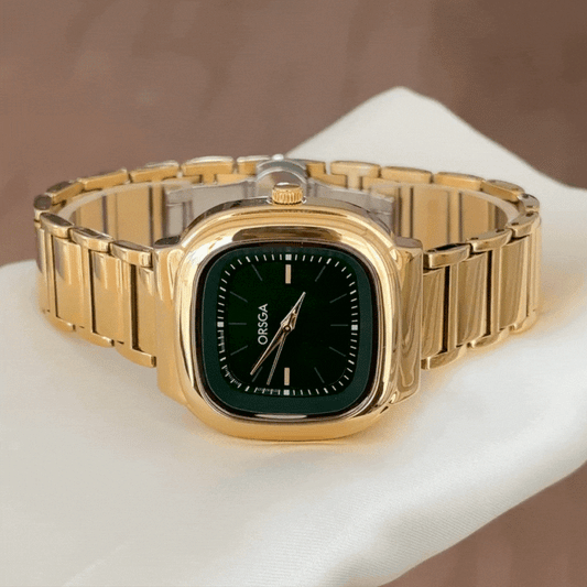 Versatile Green Rectangle Dial Watch: Gold Bezel & Stainless Steel Bracelet, Quartz
