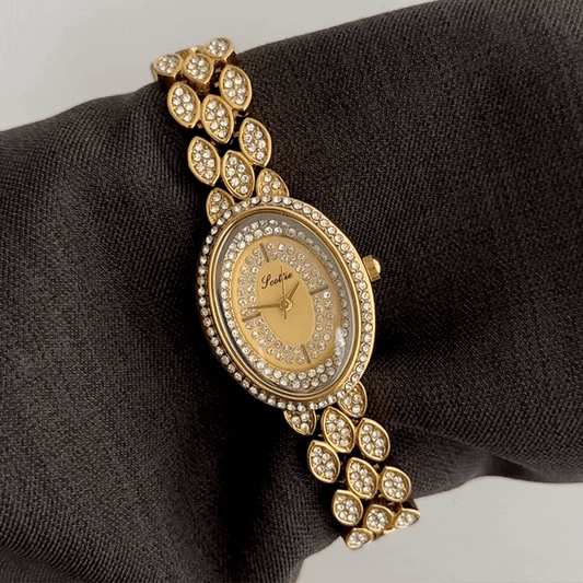 Ultimate Sparkle: Gold Oval Diamond Dial with Fully Diamond-Set Bracelet