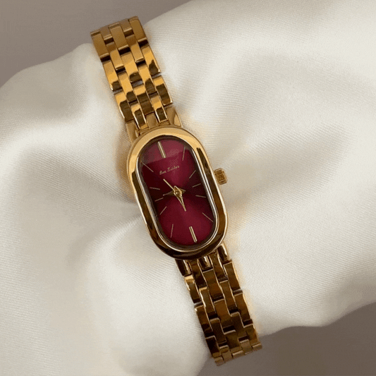 Modern Vintage Red Long Oval Dial Watch – Gold Stainless Steel Quartz Bracelet