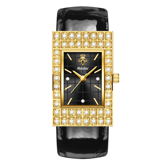 Fashion Bracelet Watch – Black Square Dial Gold Diamond Leather Quartz