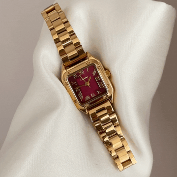 Classic Red Square Dial Watch – Gold Bezel & Gold Stainless Steel Bracelet Quartz