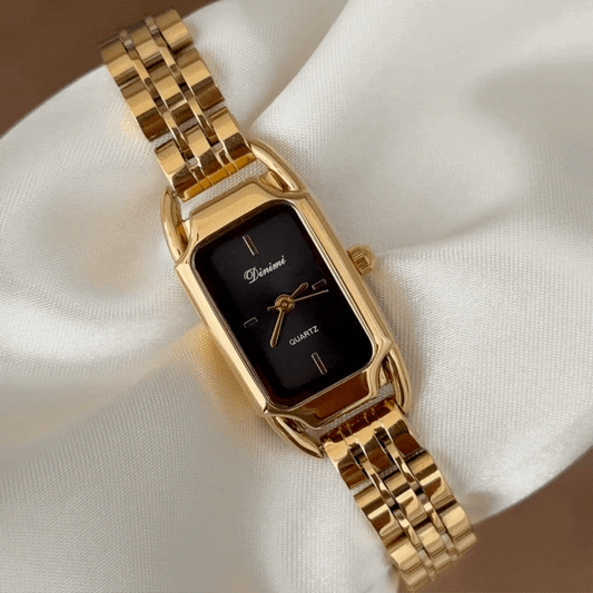 Sophisticated Black Rectangular Gold-Tone Quartz Timepiece