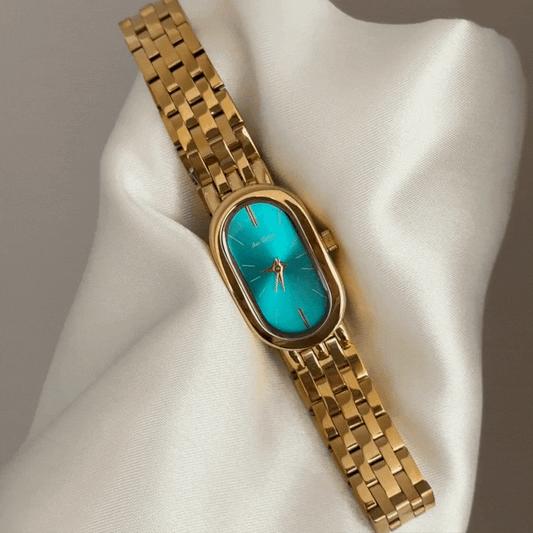 Modern Minimalist Blue Long Oval Dial Watch – Gold Stainless Steel Quartz Bracelet