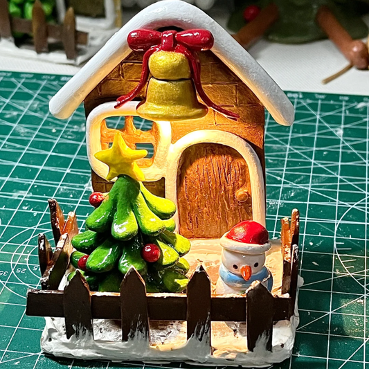 LED Christmas House Fridge Magnet – Glowing Holiday Decoration with Rotating Snowman and Christmas Tree