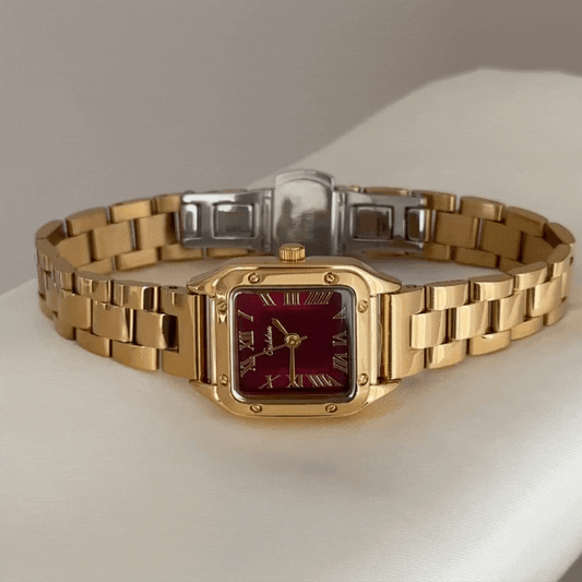 Classic Red Square Dial Watch – Gold Bezel & Gold Stainless Steel Bracelet Quartz