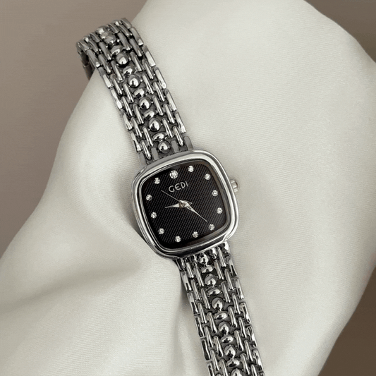 Modern Classic: Black Rectangular Dial with Silver Bezel & Stainless Steel Bracelet