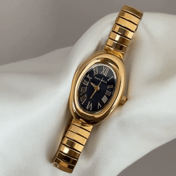 Gold Stretch Bracelet Women’s Quartz Watch – Mini Black Oval Dial