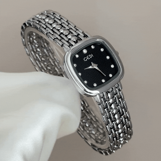 Modern Classic: Black Rectangular Dial with Silver Bezel & Stainless Steel Bracelet