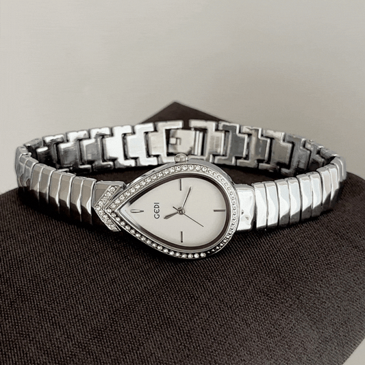 Modern Mystique: White Teardrop Serpent-Head Dial with Silver Diamond Bezel & Strap