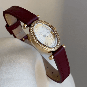 French Elegant Red Leather Women’s Quartz Watch – Gold Oval Diamond-Accented Case