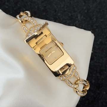 Gold Rectangular Diamond Flip Cover Watch with Fully Paved Crystal Bezel and Bracelet